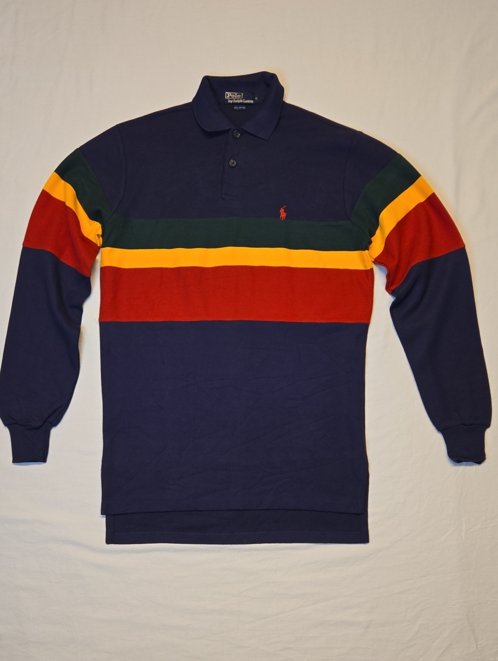 Polo Ralph Lauren Navy Long Sleeve Polo with Green, Yellow & Red Stripes Vintage